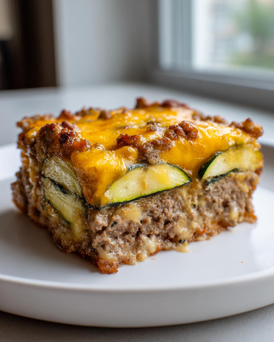 A close-up of a hearty slice of Ground Beef and Zucchini Casserole topped with melted cheddar cheese.