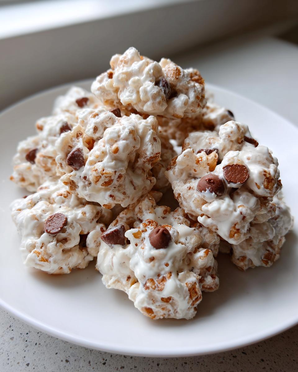 A close-up of several white, lumpy avalanche cookies mixed with cereal and studded with milk chocolate chips on a white plate.