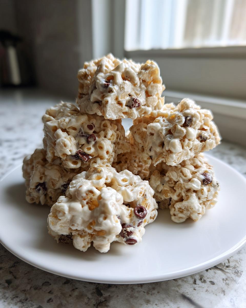 A stack of white chocolate coated avalanche cookies mixed with cereal and dried fruit on a white plate.