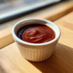 Close-up of thick, rich homemade bbq sauce served in a small white fluted ramekin on a wooden surface.