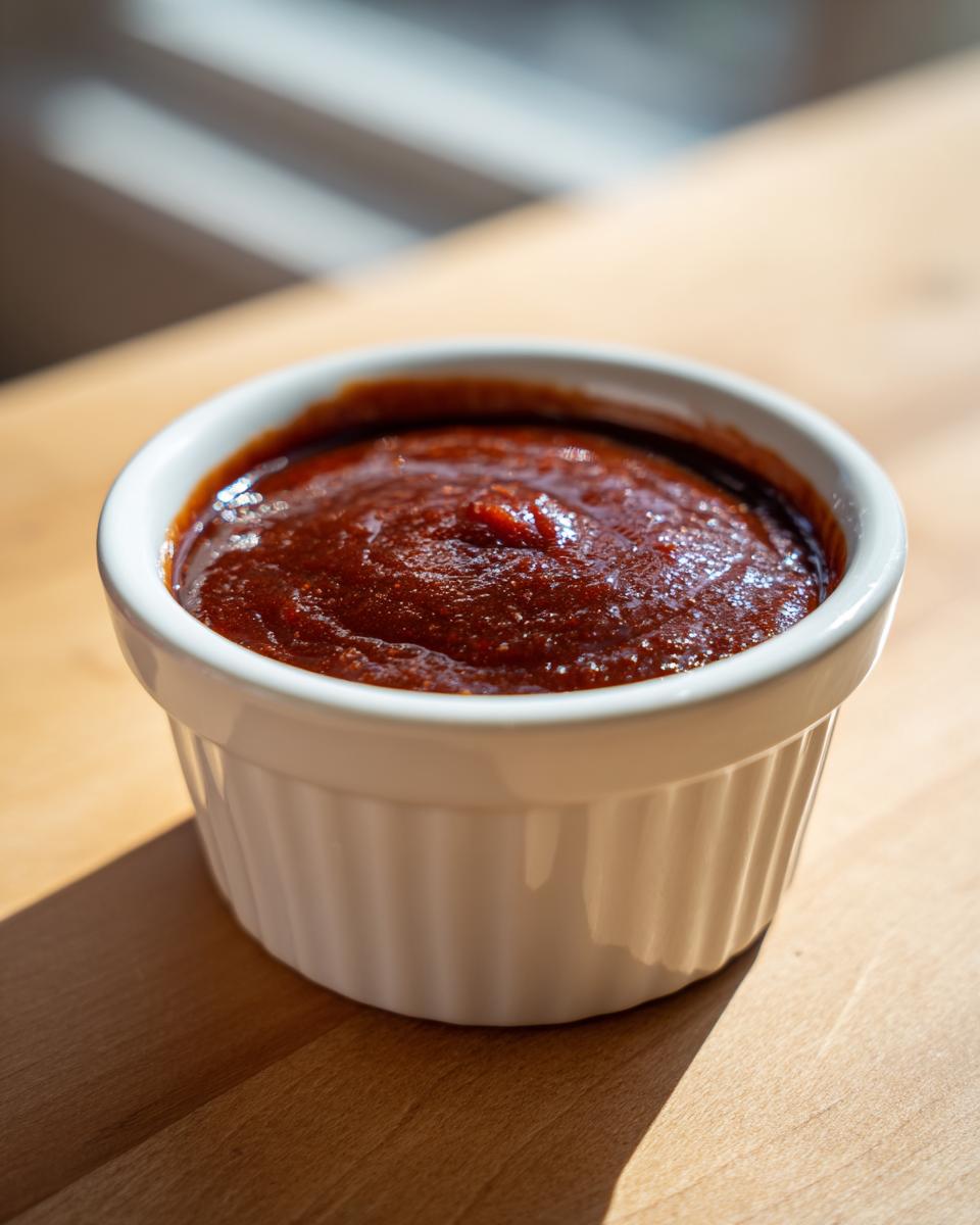 Close-up of thick, rich homemade bbq sauce served in a small white fluted ramekin on a wooden surface.