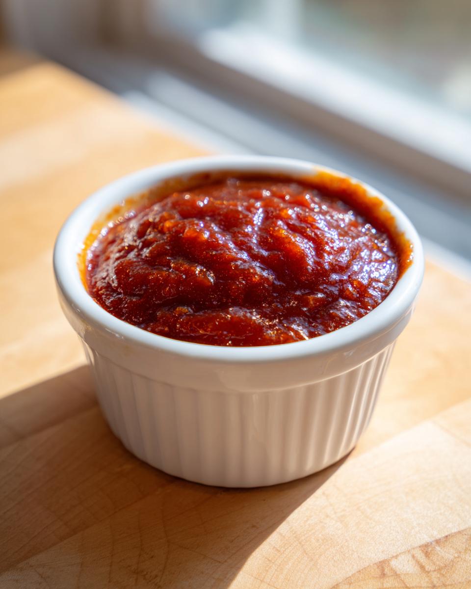 A small white ramekin filled with thick, rich homemade bbq sauce sitting on a wooden cutting board.