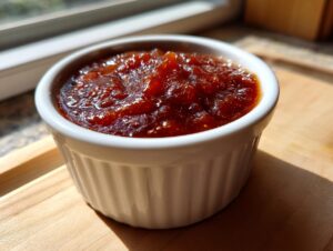 Close-up of thick, dark homemade bbq sauce served in a small white fluted ramekin.