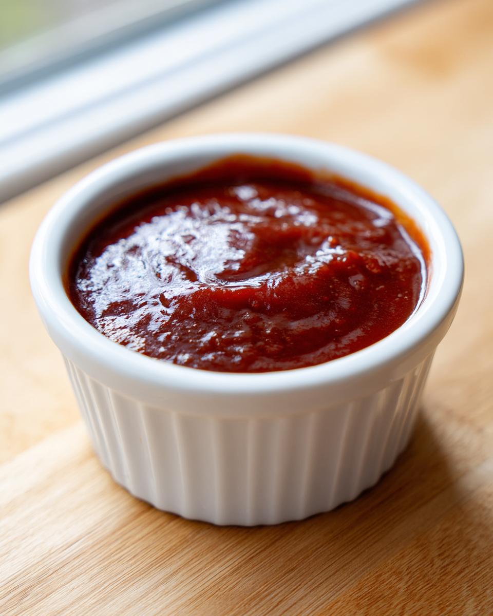 Close-up of thick, rich homemade bbq sauce served in a small white fluted ramekin.