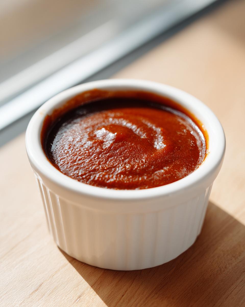 Close-up of rich, dark red homemade bbq sauce swirled in a small white ramekin on a wooden surface.