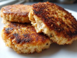 Close-up of three golden brown Homemade Salmon Patties, one broken open to show the flaky interior.