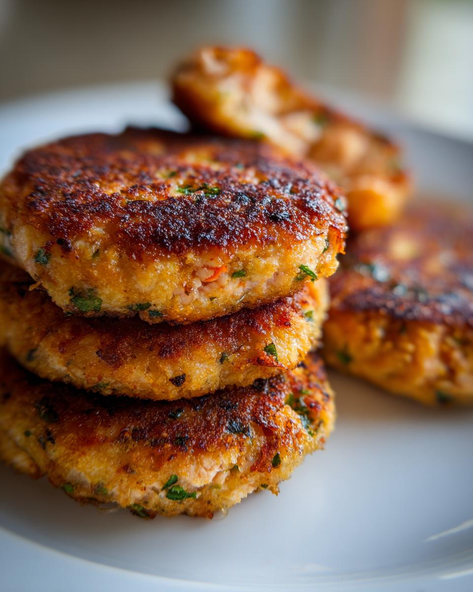 A close-up stack of three perfectly pan-fried Homemade Salmon Patties with a golden-brown crust and visible parsley flecks.