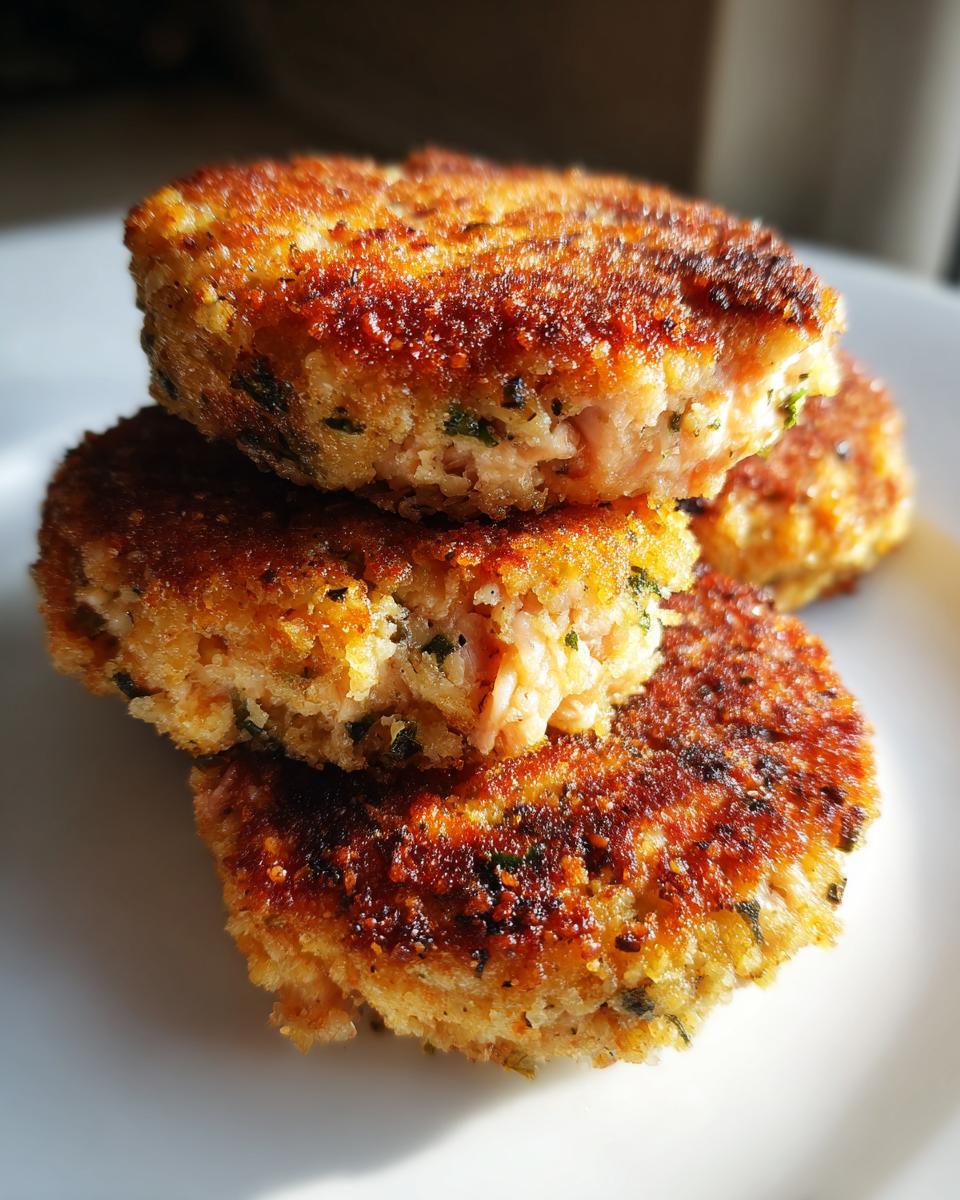 A stack of three golden-brown, crispy Homemade Salmon Patties seasoned with herbs, served on a white plate.