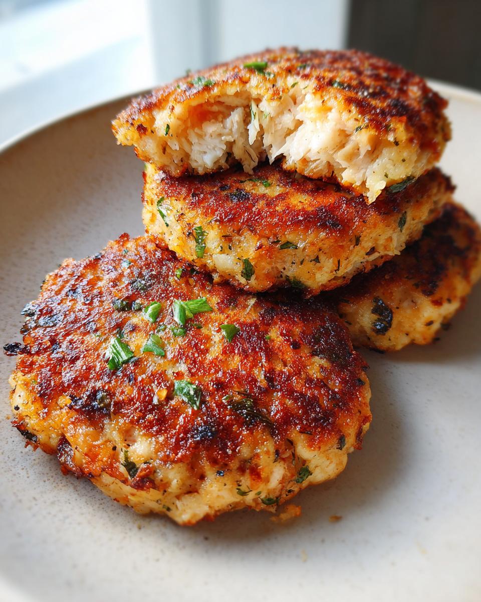 A stack of four golden brown Homemade Salmon Patties, with the top one broken open to show the flaky interior.