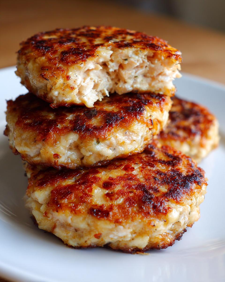A stack of three perfectly seared Homemade Salmon Patties, with the top one broken open to show the flaky interior.