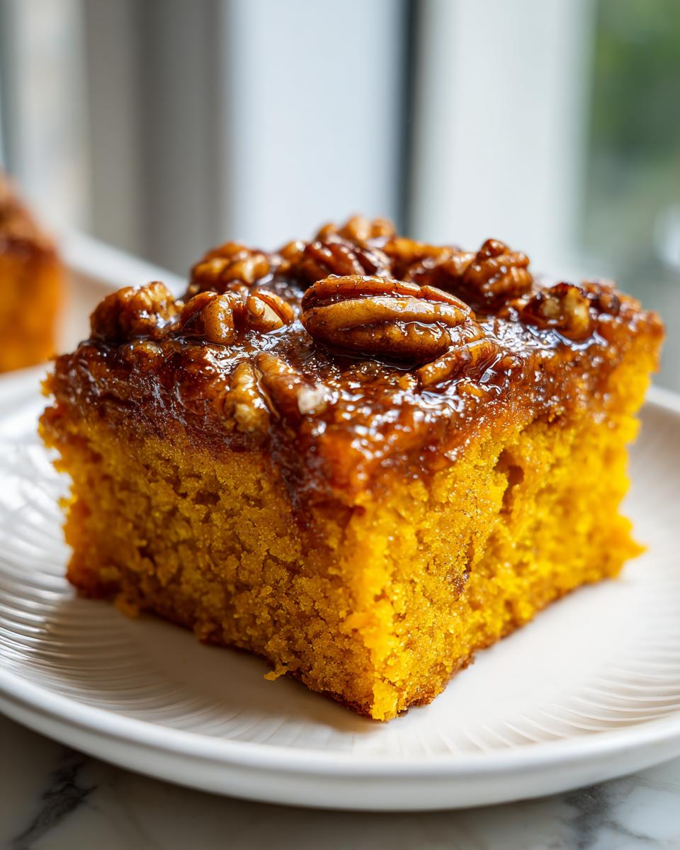 Close-up of a moist slice of Honey Butter Sweet Potato Cornbread topped with a glossy glaze and whole pecans.