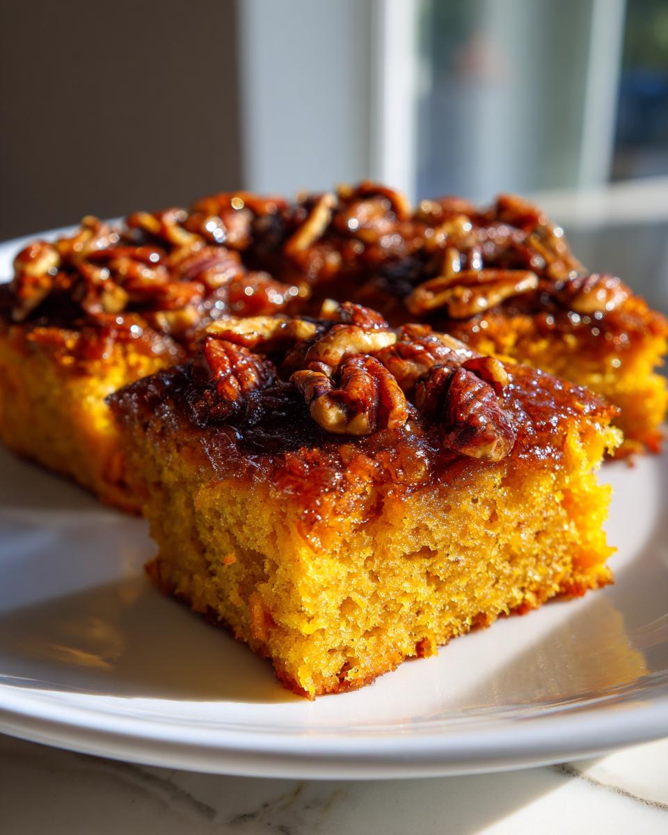 Close-up of a square slice of bright orange Honey Butter Sweet Potato Cornbread topped with a sticky glaze and toasted pecans.