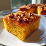 A close-up of a square slice of bright orange Honey Butter Sweet Potato Cornbread topped with sticky glaze and pecans.