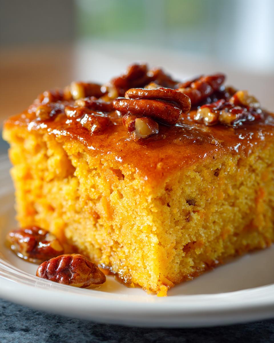 A close-up of a moist slice of Honey Butter Sweet Potato Cornbread topped with a glaze and candied pecans.