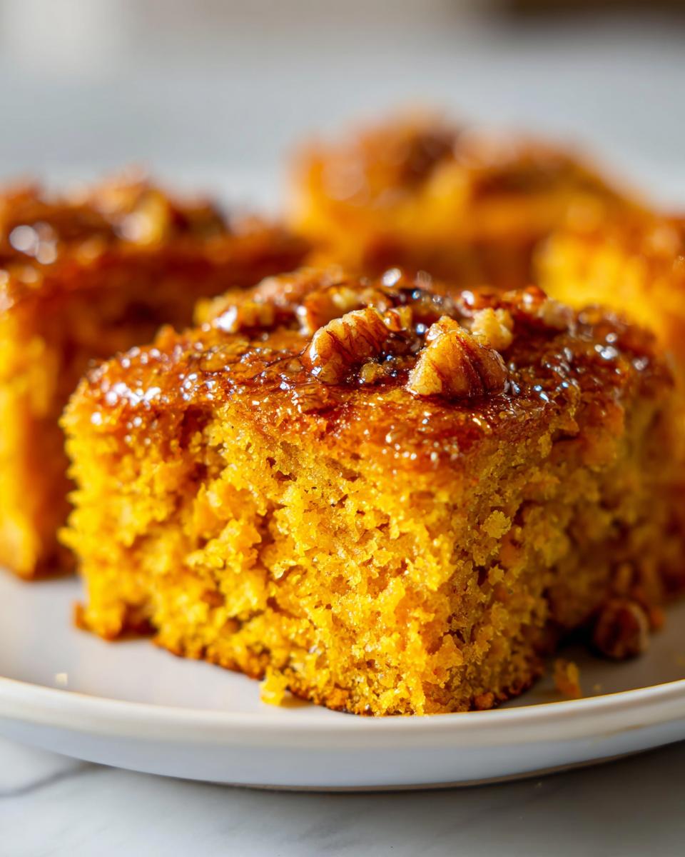 Close-up of a square slice of moist, orange Honey Butter Sweet Potato Cornbread topped with a shiny glaze and pecans.