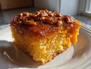 Close-up of a moist slice of Honey Butter Sweet Potato Cornbread topped with a shiny glaze and toasted pecans.