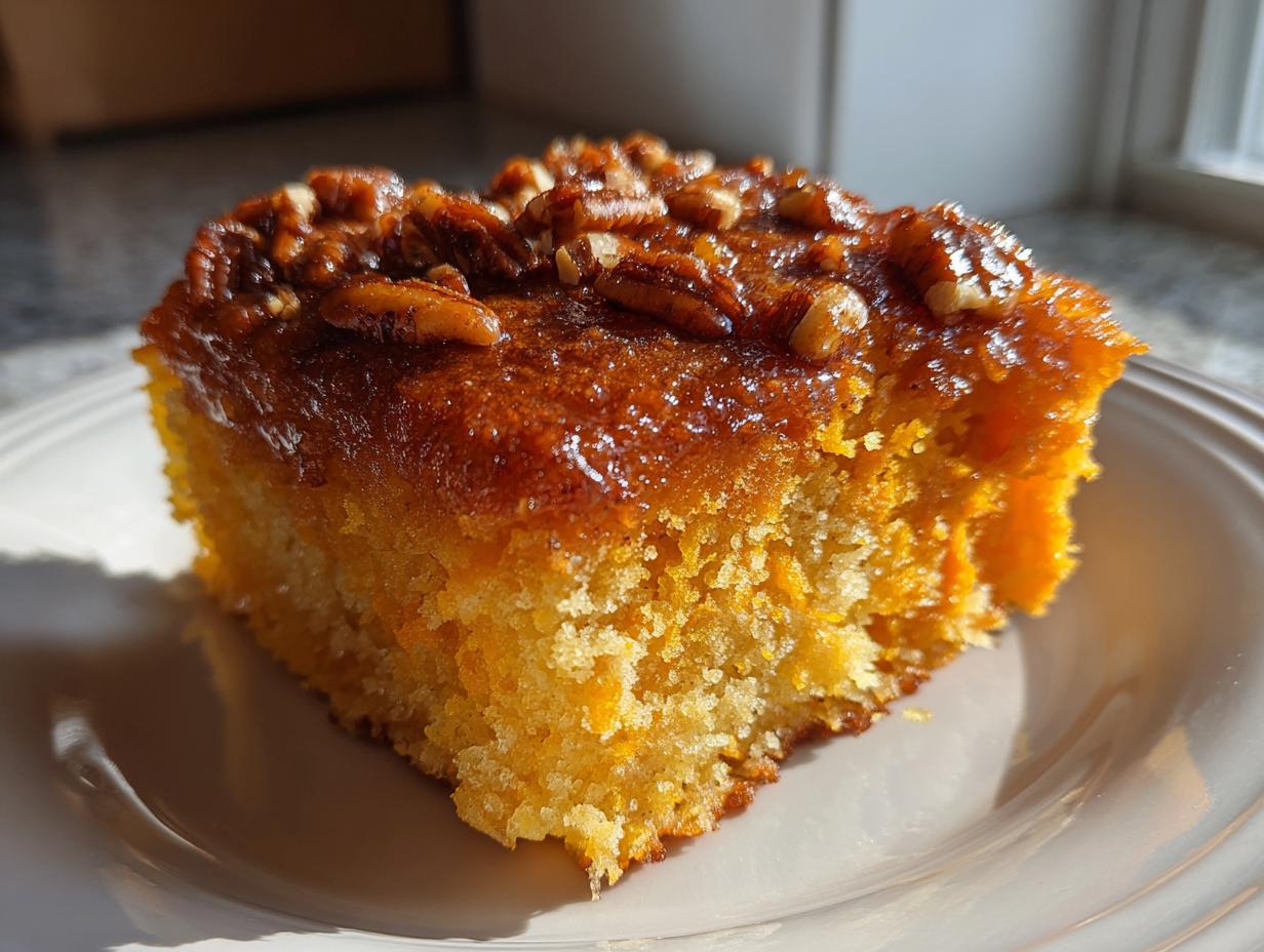 Close-up of a moist slice of Honey Butter Sweet Potato Cornbread topped with a shiny glaze and toasted pecans.