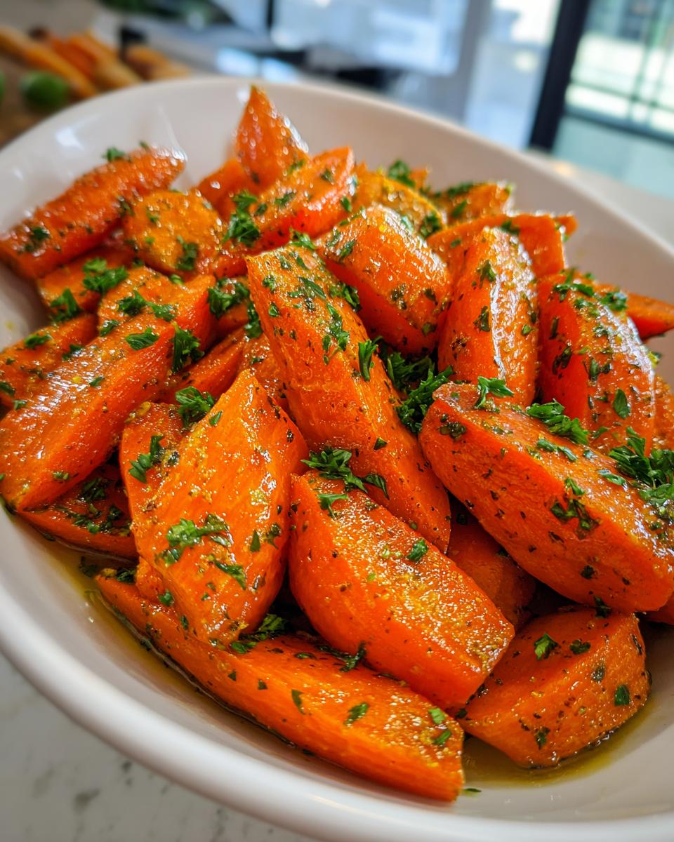 Close-up of vibrant orange Honey Garlic Butter Roasted Carrots, glazed and topped with fresh parsley, served in a white bowl.