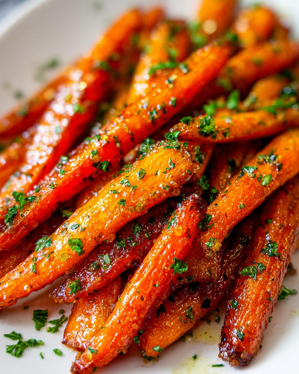 Close-up of glossy, roasted carrots coated in a glaze and sprinkled with fresh parsley, highlighting the Honey Garlic Butter Roasted Carrots.