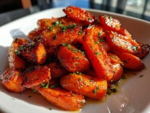 Close-up of beautifully glazed Honey Garlic Butter Roasted Carrots sprinkled with fresh parsley on a white dish.