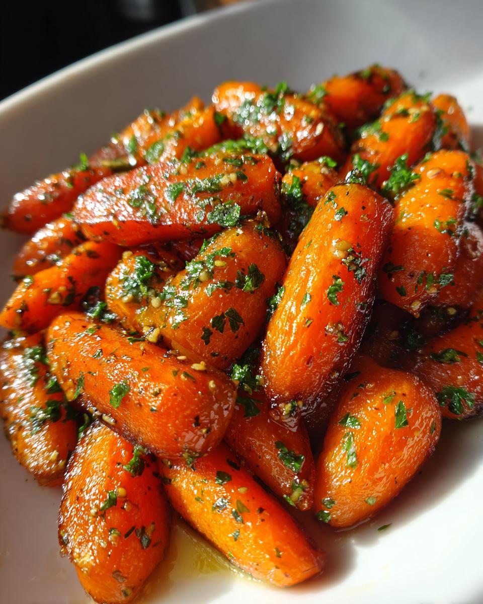 Close-up of glossy Honey Garlic Butter Roasted Carrots glazed and sprinkled with fresh parsley.