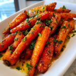 Close-up of glossy Honey Garlic Butter Roasted Carrots coated in sauce and sprinkled with fresh parsley.