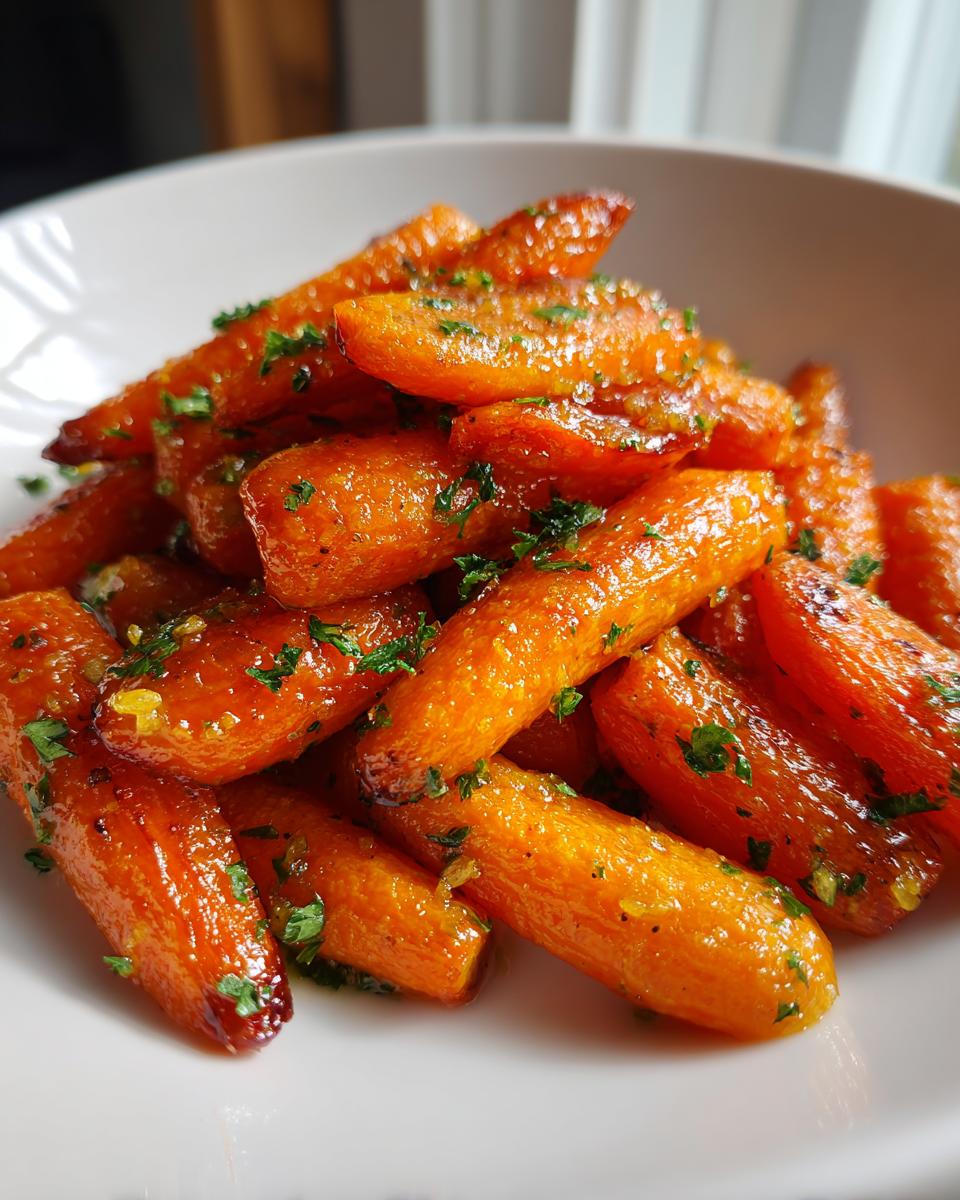 Close-up of glossy Honey Garlic Butter Roasted Carrots, garnished with fresh parsley, piled in a white bowl.