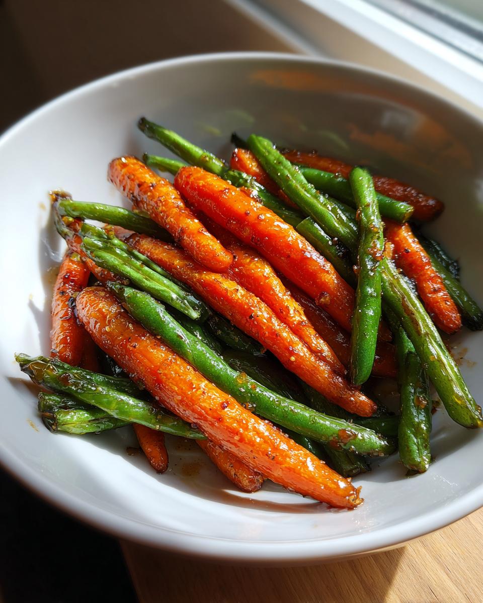 Close-up of vibrant Honey Glazed Carrots and Green Beans tossed in a shiny glaze, served in a white bowl.