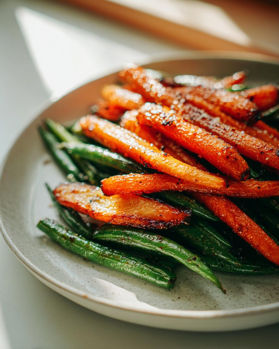 Close-up of vibrant Honey Glazed Carrots and Green Beans served on a speckled white plate.