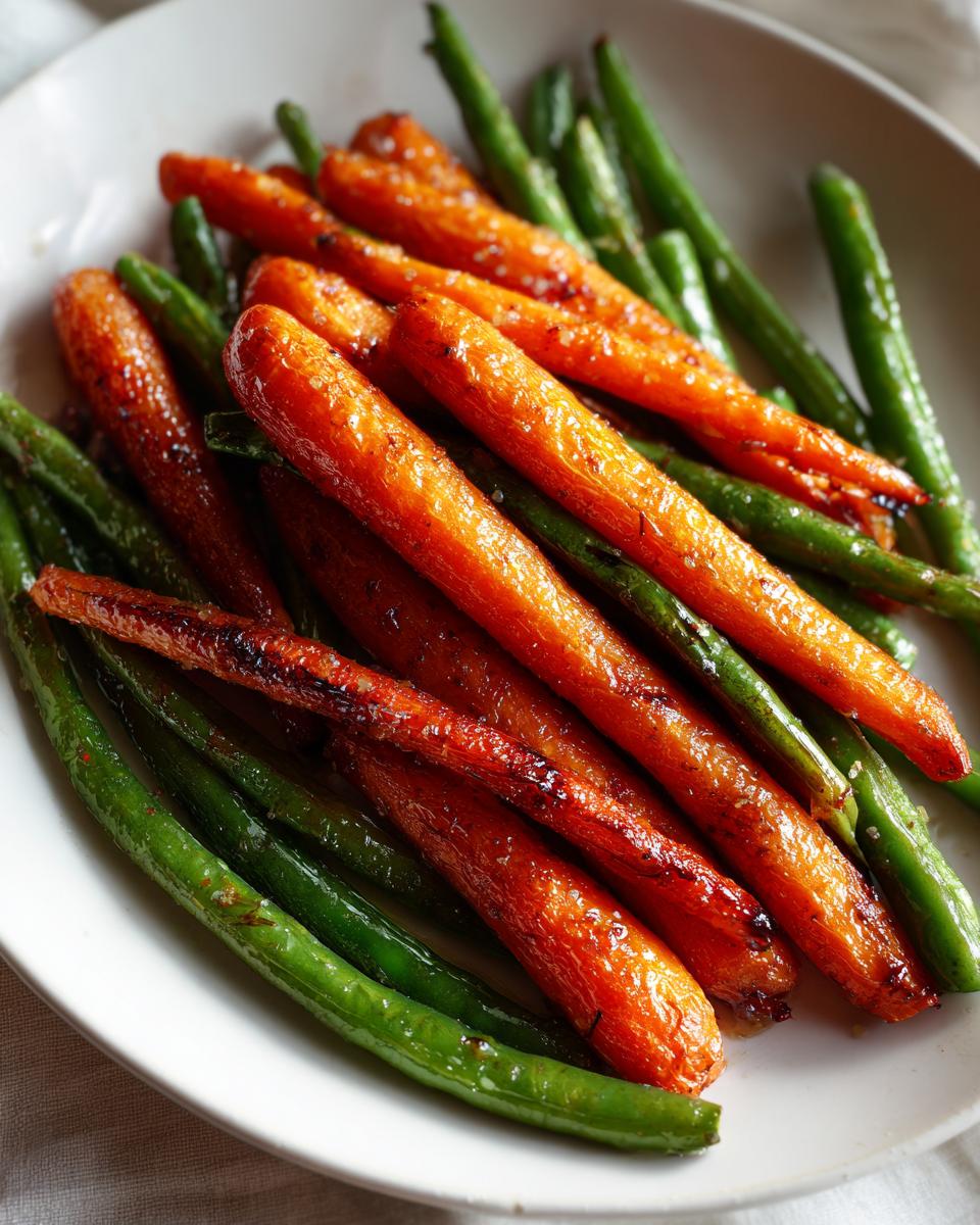 Close-up of bright orange, glazed carrots mixed with vibrant green beans, sprinkled with salt.