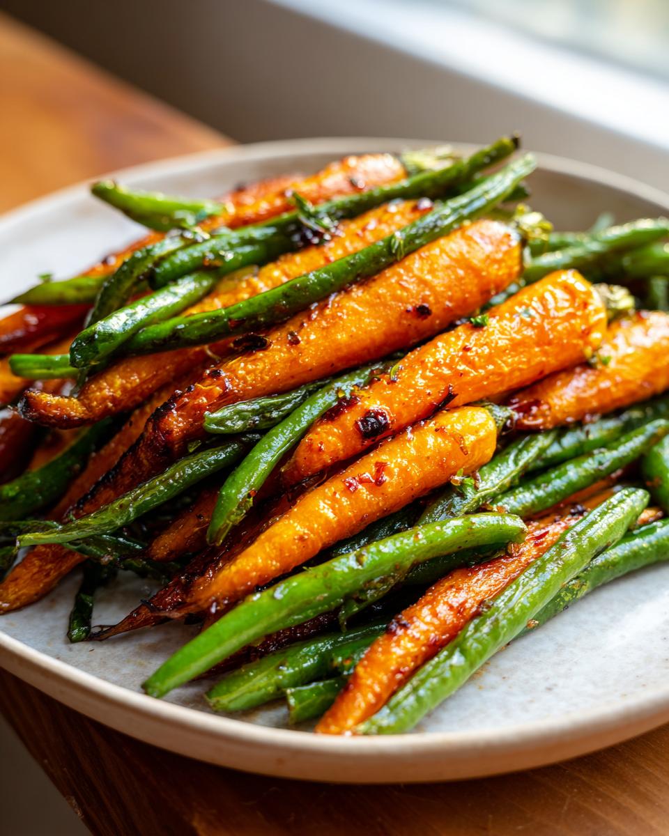 A close-up of bright orange Honey Glazed Carrots and green beans tossed together on a light plate.
