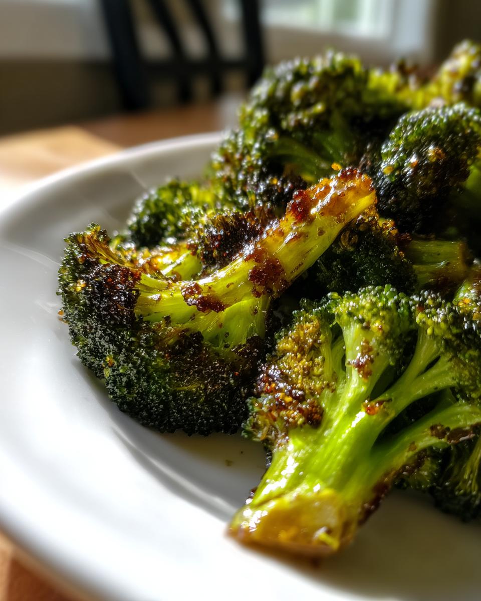 Close-up of perfectly roasted Honey Mustard Roasted Broccoli florets with caramelized edges on a white plate.