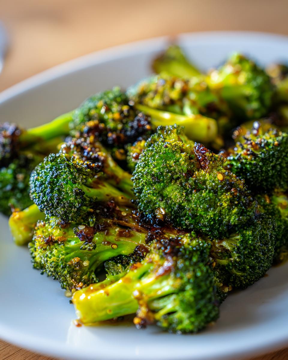 Close-up of vibrant green Honey Mustard Roasted Broccoli florets coated in a dark, caramelized glaze.