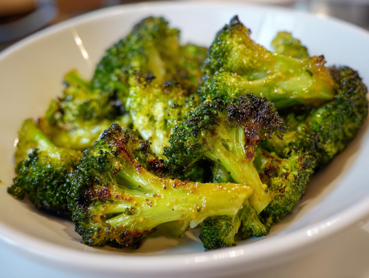 Close-up of vibrant green, perfectly roasted Honey Mustard Roasted Broccoli in a white bowl.