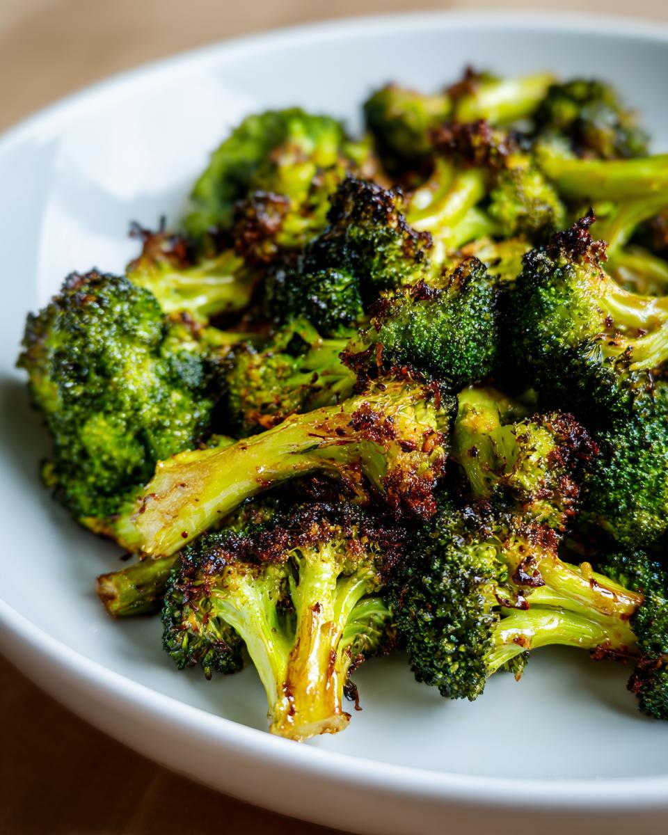 Close-up of perfectly charred Honey Mustard Roasted Broccoli florets served in a white bowl.