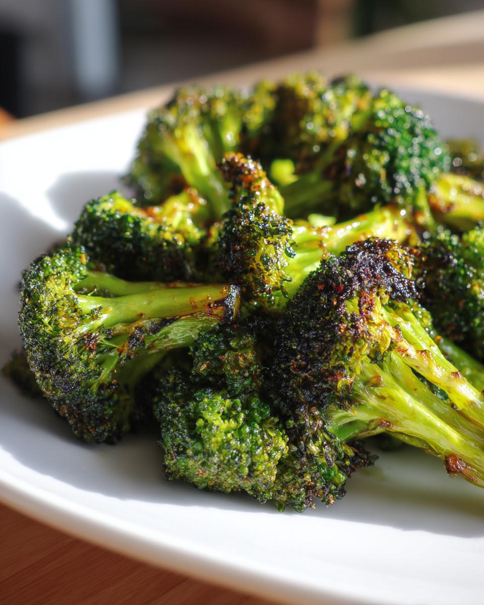Close-up of perfectly charred Honey Mustard Roasted Broccoli florets served on a white plate.
