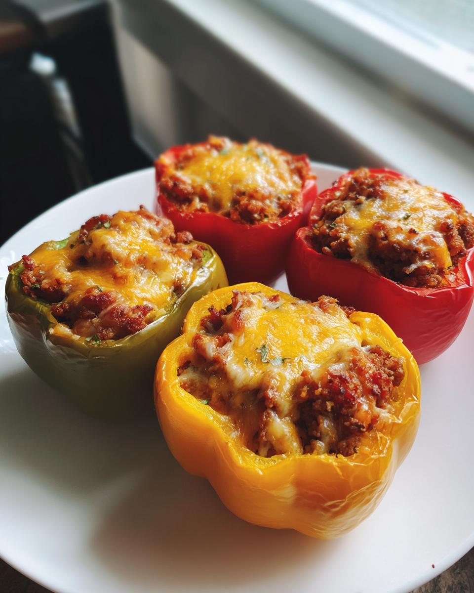 Four Keto Stuffed Bell Peppers (red, yellow, green) filled with meat and topped with melted cheese on a white plate.