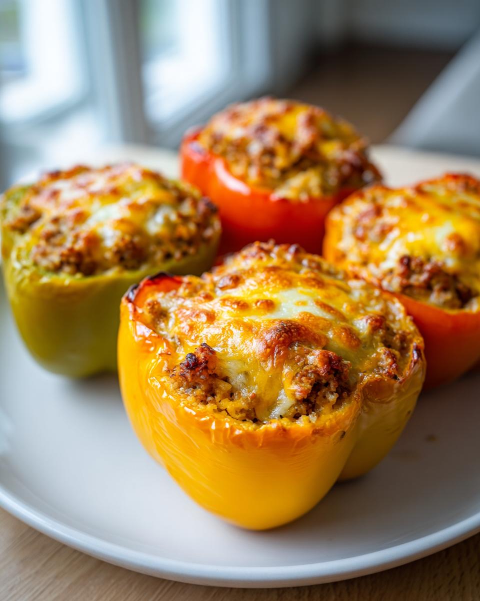 Four colorful Keto Stuffed Bell Peppers, filled with savory meat and topped with bubbly, melted cheese.