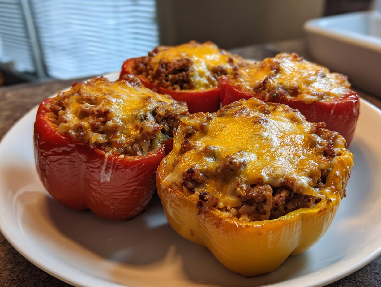 Four baked Keto Stuffed Bell Peppers, two red and two yellow, topped with melted cheddar cheese.