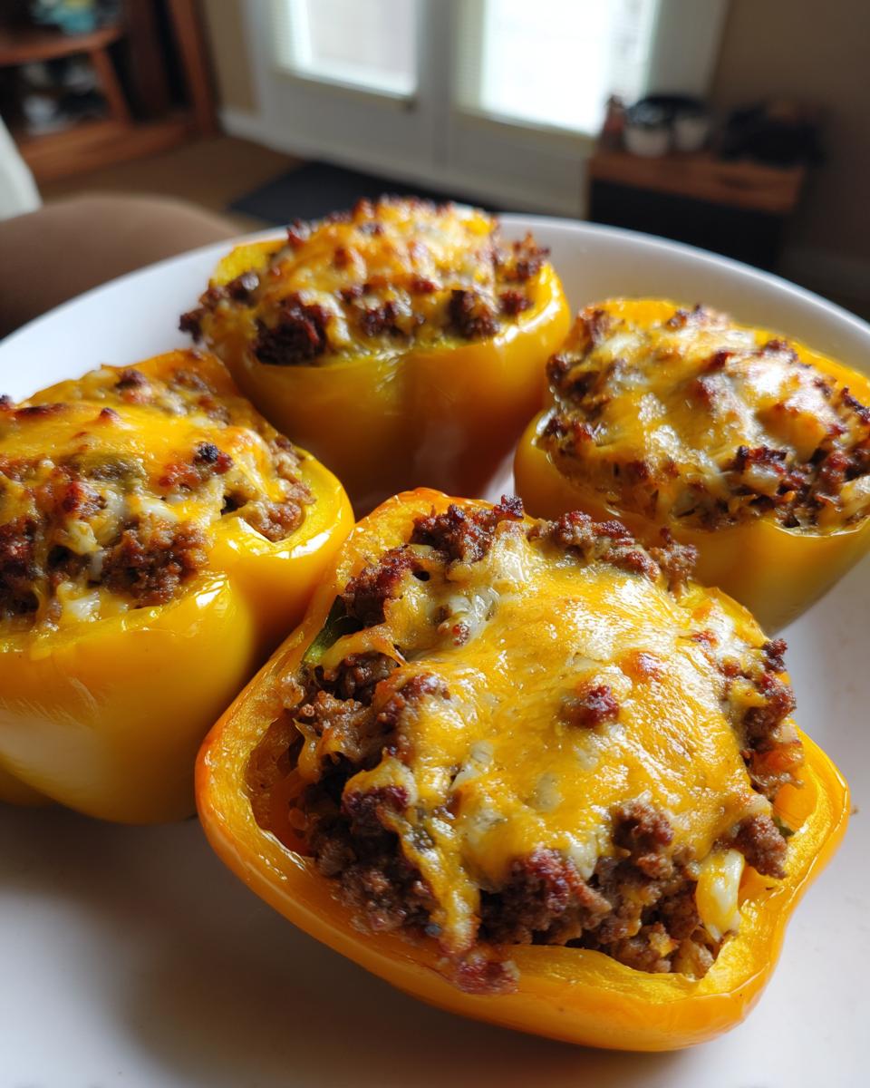Four bright yellow Keto Stuffed Bell Peppers filled with savory ground meat and topped with melted cheddar cheese.