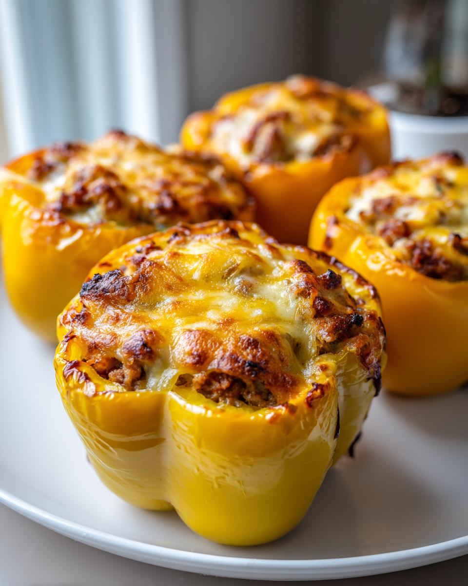 Four bright yellow Keto Stuffed Bell Peppers filled with savory meat and topped with golden, melted cheese.