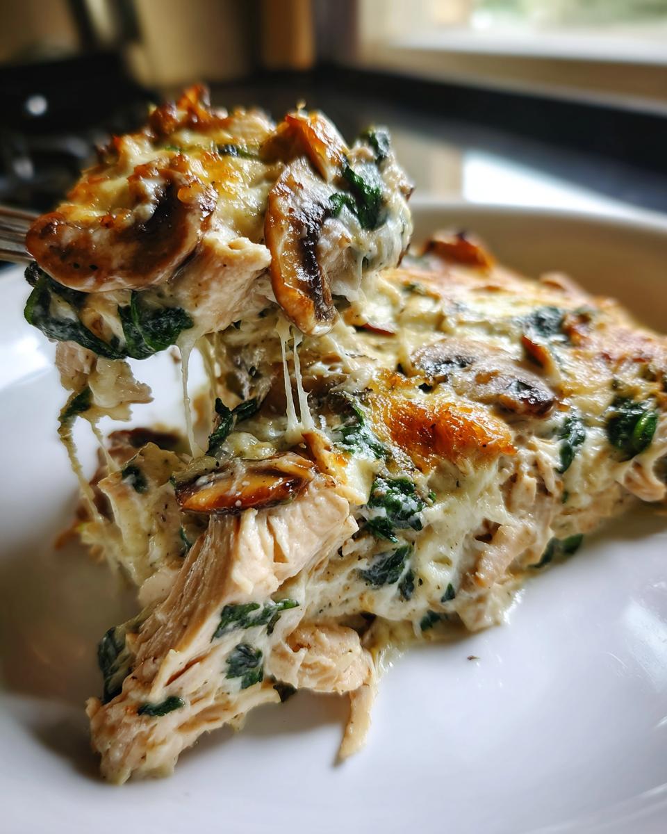 A fork lifts a cheesy, gooey portion of Low-Carb Chicken Spinach Mushroom Casserole topped with browned mushrooms.