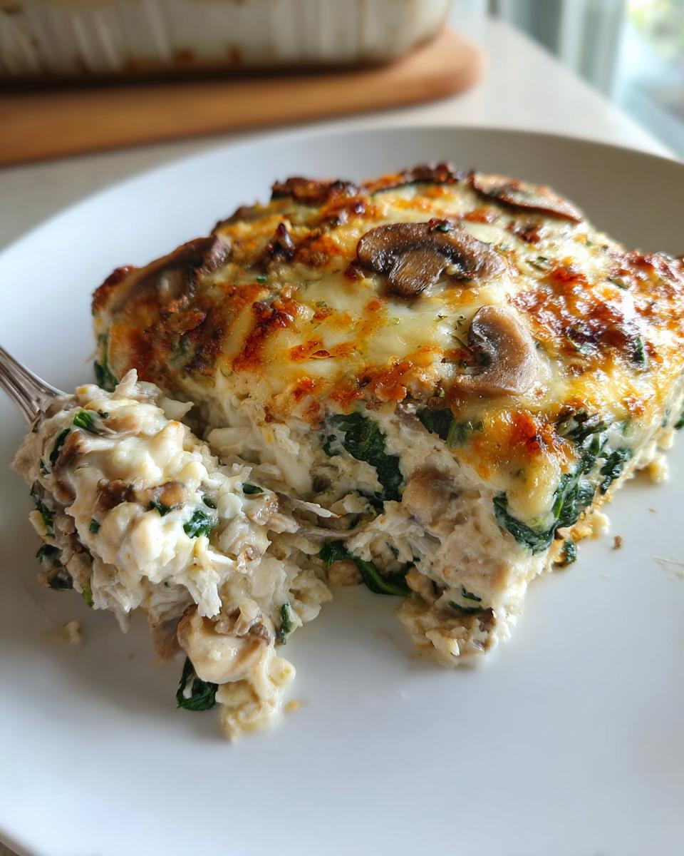 A fork lifts a bite from a cheesy slice of Low-Carb Chicken Spinach Mushroom Casserole with visible spinach and mushrooms.