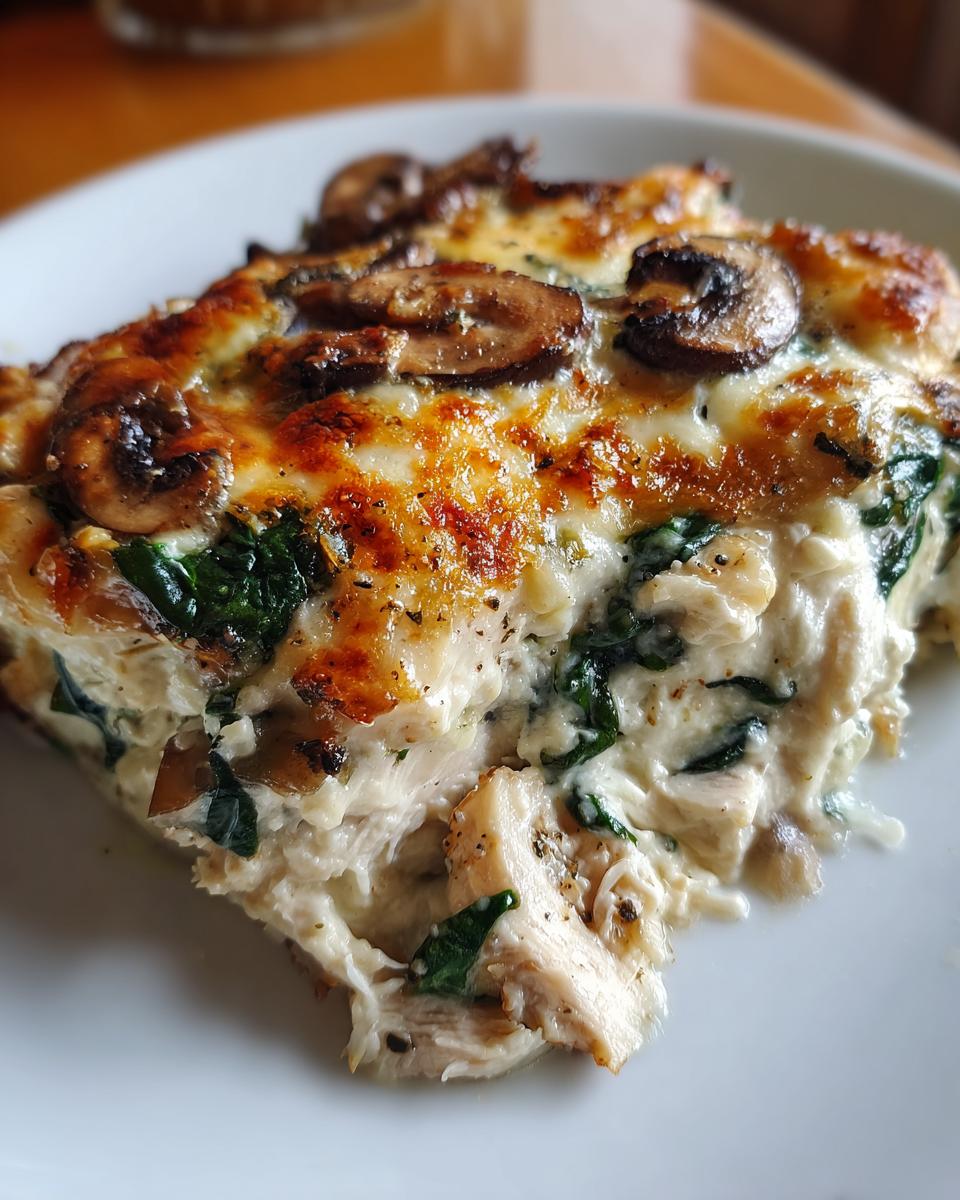Close-up of a serving of Low-Carb Chicken Spinach Mushroom Casserole with melted, browned cheese and sliced mushrooms on top.