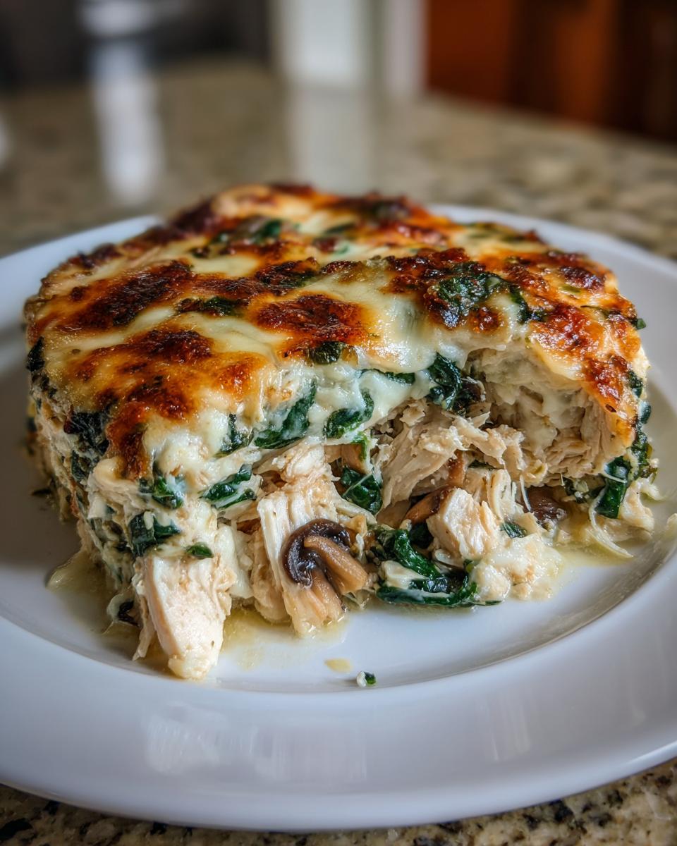 A generous serving of Low-Carb Chicken Spinach Mushroom Casserole with shredded chicken, spinach, mushrooms, and a browned cheesy top.
