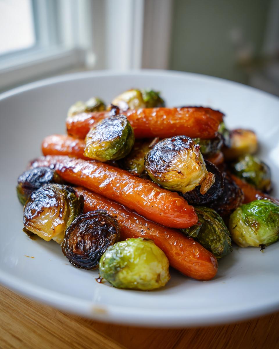 A close-up of roasted Maple Glazed Carrots and Brussels Sprouts piled on a white plate, glistening with glaze.
