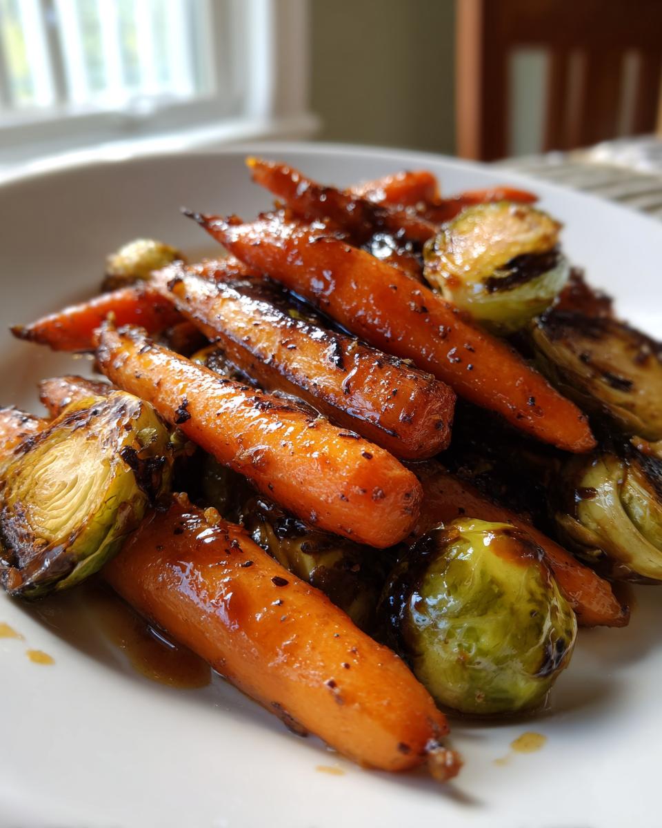 Close-up of roasted carrots and Brussels sprouts coated in a thick, shiny Maple Glazed Carrots and Brussels Sprouts sauce.