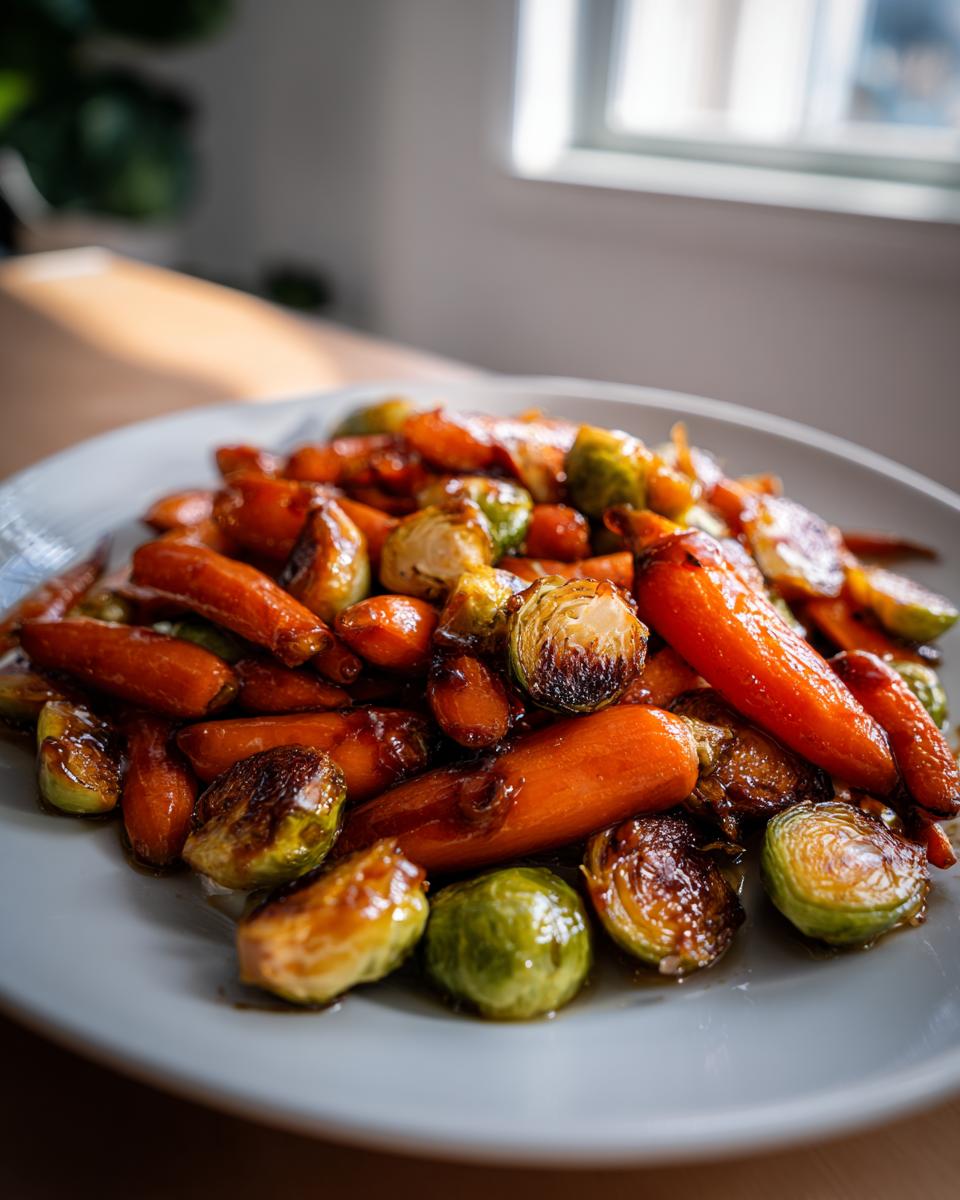 A close-up of roasted Maple Glazed Carrots and Brussels Sprouts coated in a shiny, dark glaze on a light plate.