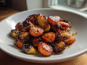 A close-up of roasted Maple Glazed Carrots and Brussels Sprouts piled high on a white plate.