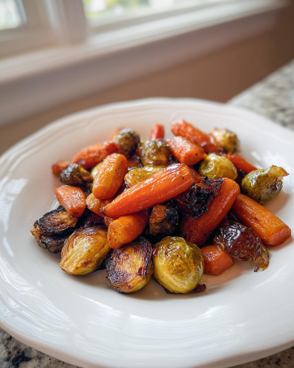 A serving of roasted Maple Glazed Carrots and Brussels Sprouts piled on a white plate near a window.